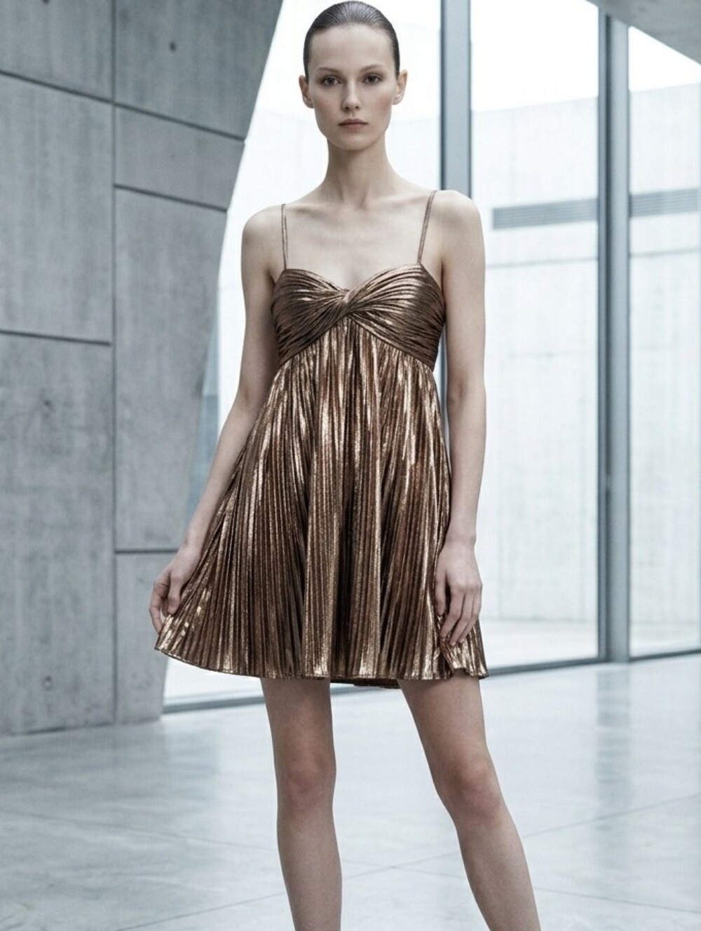City Studio Metallic Bronze Pleated Mini Dress
